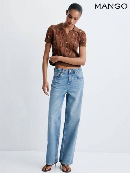 Brown - Mango Short Sleeve Floral Knitted Sweater