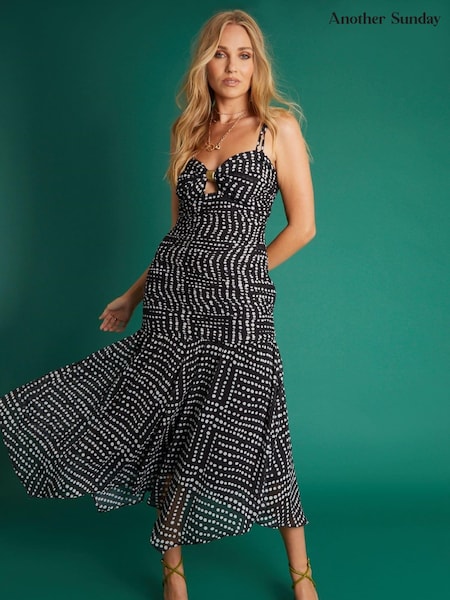 Another Sunday Double Strap Midi Dress with Polka Dot and Ruched Detail In Black (T57263) | 214 LEI