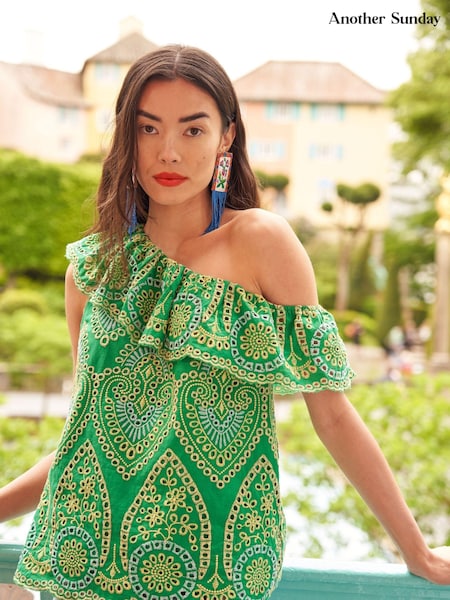 Another Sunday Green One Shoulder Ruffle 100% Cotton Blouse With Broderie (T57366) | € 30