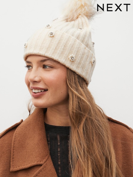White Embellished Pearl Pom Hat (T58307) | €7