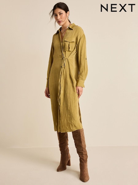 Olive Green Tie Front Long Sleeve Textured Utility Shirt Dress (T58413) | €12