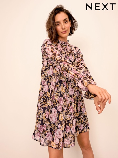 Purple Floral Long Sleeve Chiffon Mini Dress (T58652) | €25 - €30
