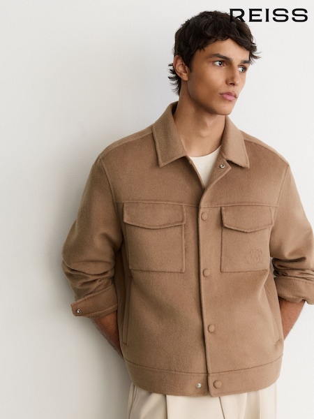 Camel - Regular Reiss Warner Monogram Wool-blend Press-stud Overshirt