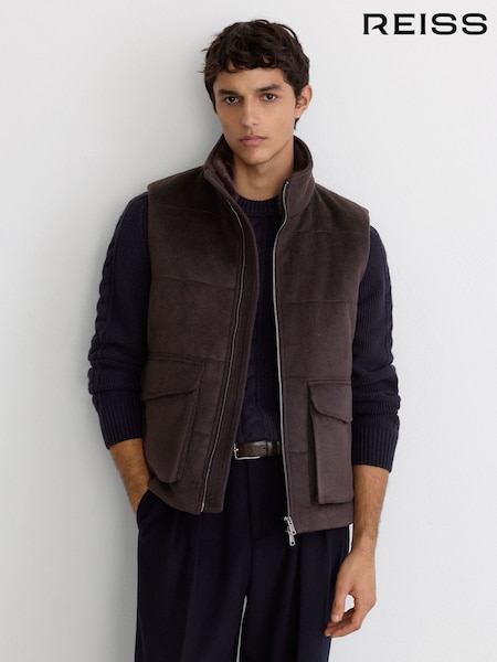 Chocolate Brown - Regular Reiss Alps Wool-blend Faux Fur-collar Quilted Gilet