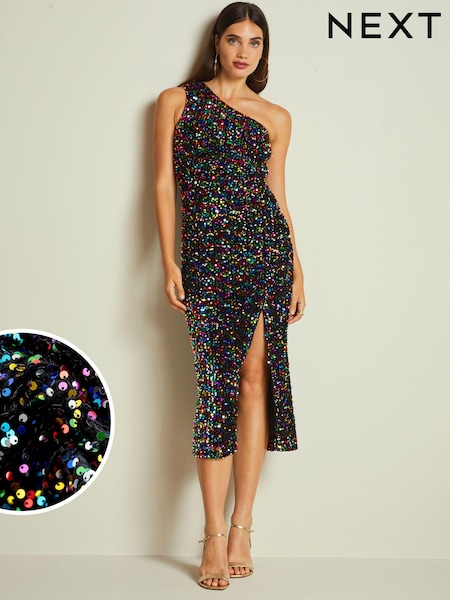 Rainbow Sequin One Shoulder Midi Dress (T59973) | €50