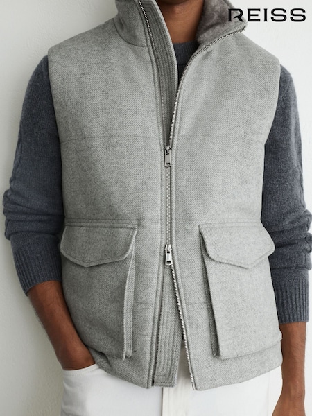 Grey - Regular Reiss Alps Wool-blend Faux Fur-collar Quilted Gilet
