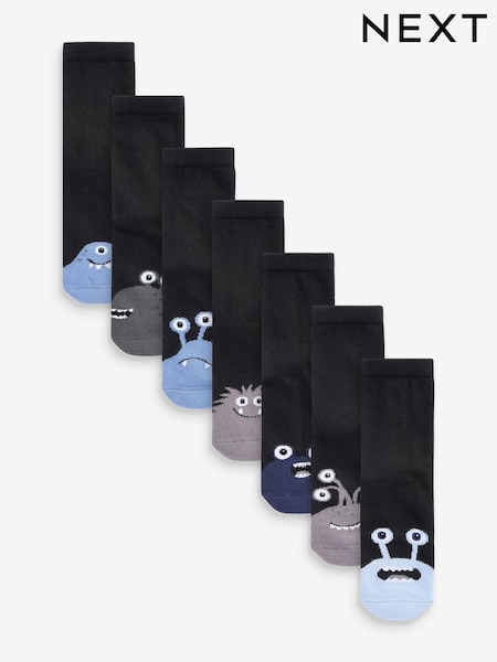 Schwarz/Blautöne mit Monstermotiven - Cotton Rich Cushioned Socks 7 Pack (T60381) | 14 € - 17 €