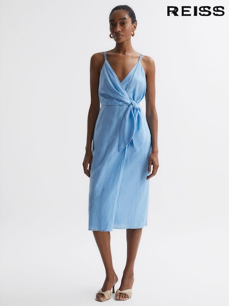 Reiss Blue Esme Linen Side Tie Midi Dress (T60404) | €225