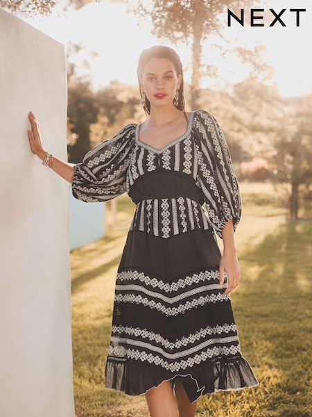 Черный - Textured Print Volume Sleeve Midi Dress (T60463) | €21