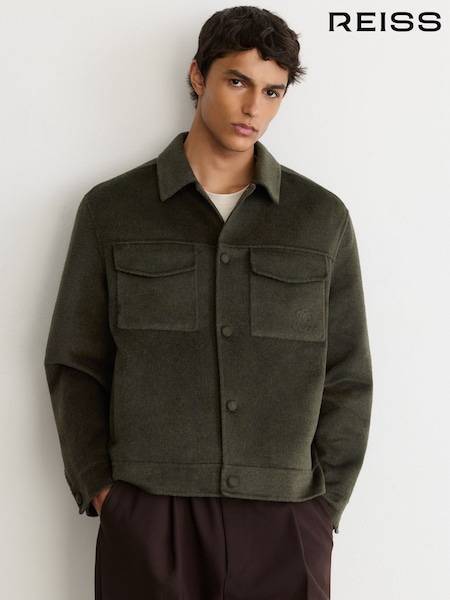 Dark Green - Regular Reiss Warner Monogram Wool-blend Press-stud Overshirt