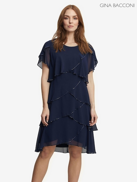 Gina Bacconi Blue Trysta Bugle Beaded Trim Tiered Cocktail Dress With Flitter Sleeves (T60980) | €159