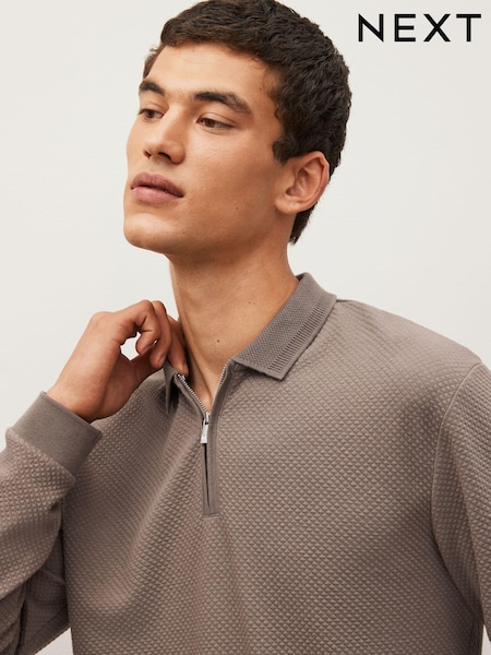 Natur/Braun - Textured Long Sleeve Polo Shirt (T61006) | 5 €