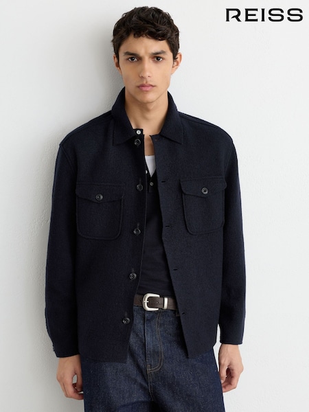 Marineblau - Regular Reiss Quixote Wool Twin-pocket Button-through Overshirt
