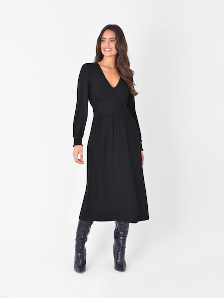 Ro&Zo Black Jersey Shirred Waist Midi Dress (T61789) | €87