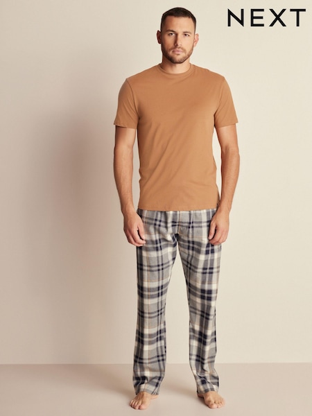 Tan Brown/Grey Brushed Cotton Check Pyjama Set (T61863) | €18.50