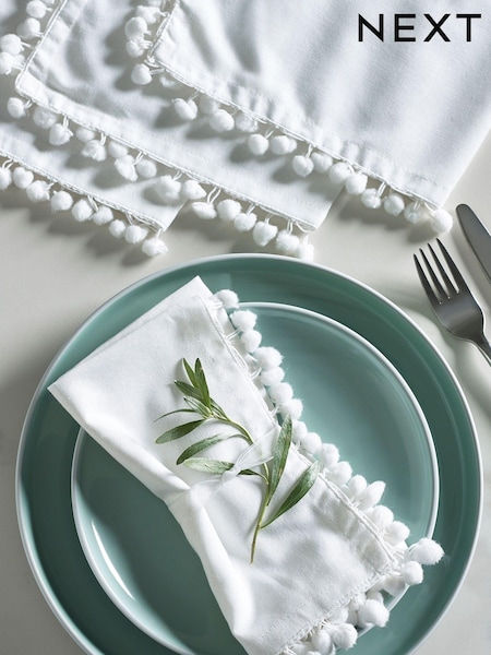 White Pom Pom 100% Cotton Tablecloth and Napkins Napkins (T62655) | OMR3