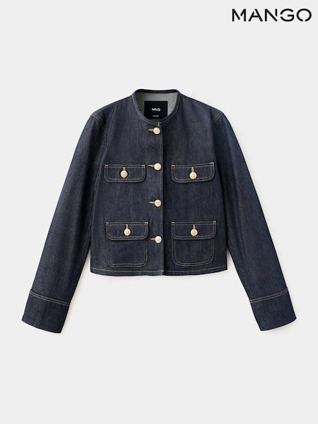Blue - Mango Demim Cropped Collarless Jacket
