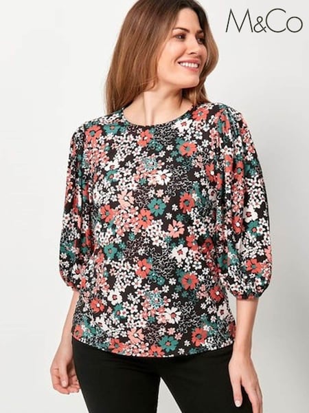 M&Co Black Floral Puff Sleeve Top (T67391) | 12 €