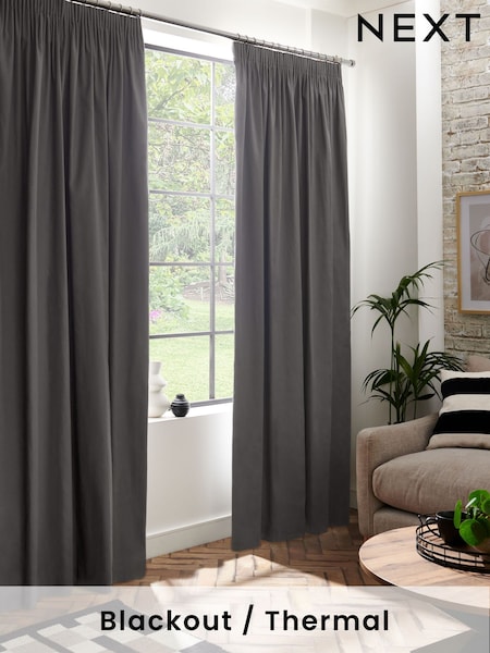 Grey Charcoal Dark Cotton Blackout/Thermal Pencil Pleat Curtains (T67542) | €22 - €58