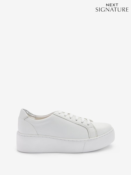 White Lace Up Signature Forever Comfort® Leather Chunky Wedge Platform Trainers (T67770) | R$ 455