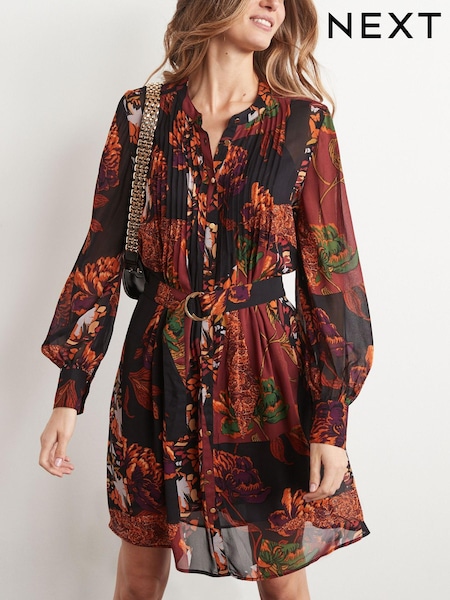 Rust Brown Floral Patch Print Pintuck Belted Mini Dress (T67820) | €22
