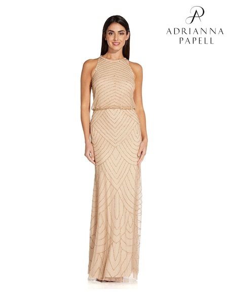 Бежевый - Adrianna Papell Beaded Halter Gown (T68231) | €305