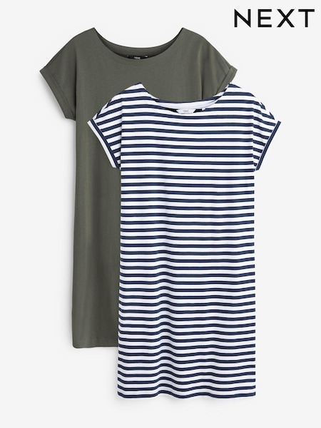 Khaki/Navy Blue White Stripe 2 Pack Cotton Relaxed Fit Cap Sleeve Tunic Dresses (T68893) | €16.50