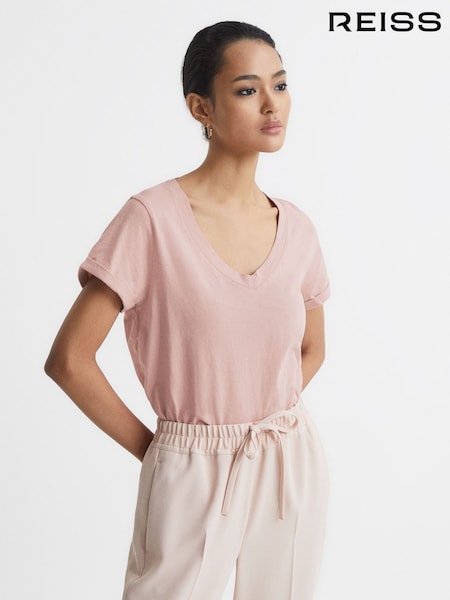 Reiss Light Pink Luana Cotton-Jersey V-Neck T-Shirt (T69276) | €50