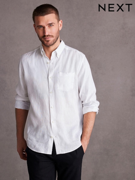 White Signature 100% Linen Long Sleeve Oxford Shirt (T69624) | €25
