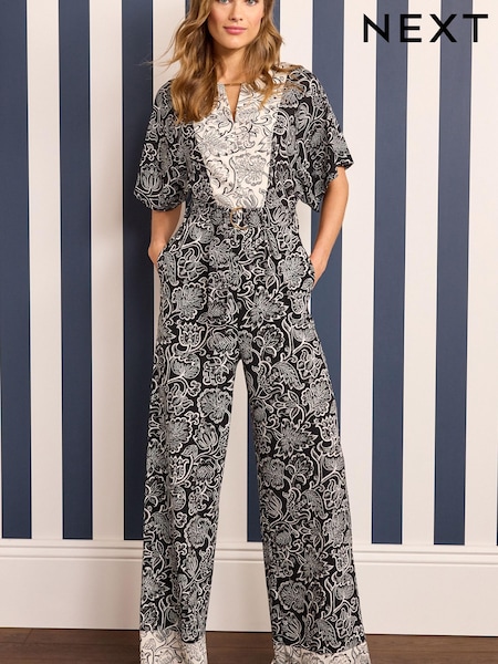 Black/White Wide Leg V-Neck Jumpsuit (T69781) | € 30