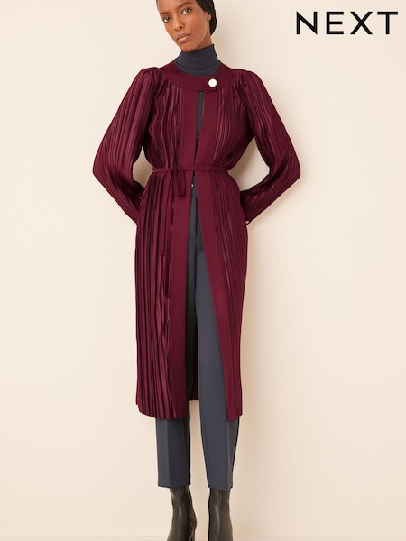 Berry Red Satin Plissé Abaya Jacket With Detachable Belt (T70710) | € 39