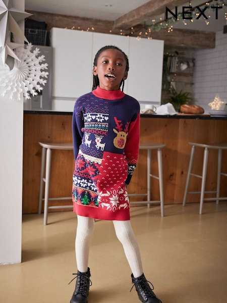Red/Navy Blue Kids Matching Family Patchwork Christmas Jumper Dress (3-16yrs) (T70988) | €14 - €18