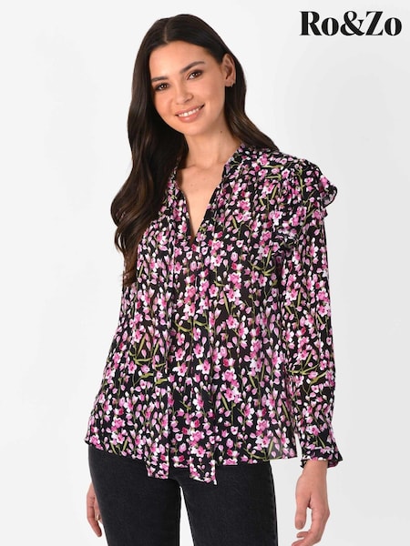 Ro&Zo Black Blush Floral Tie Neck Top (T72233) | €39