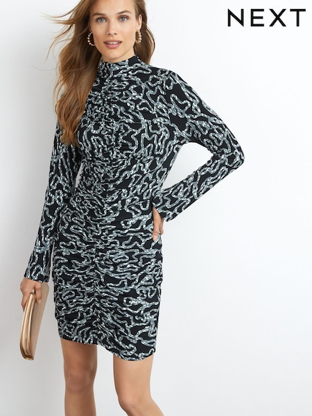 Črno-bela z geometrijskim potiskom - Ruched Front Long Sleeve Mini Dress (T72516) | € 16