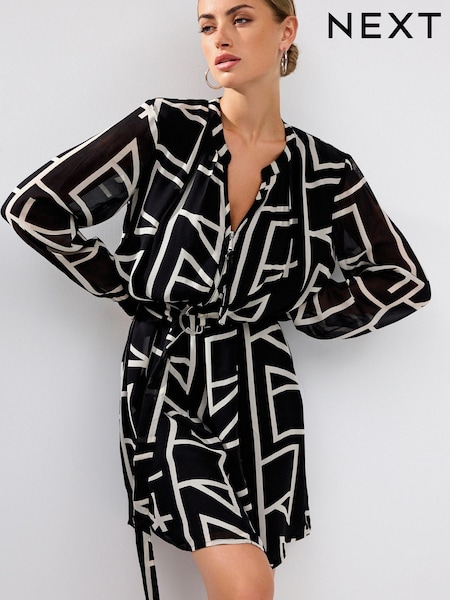 Mono Abstract Long Sleeve Tie Waist Mini Dress (T72678) | €27