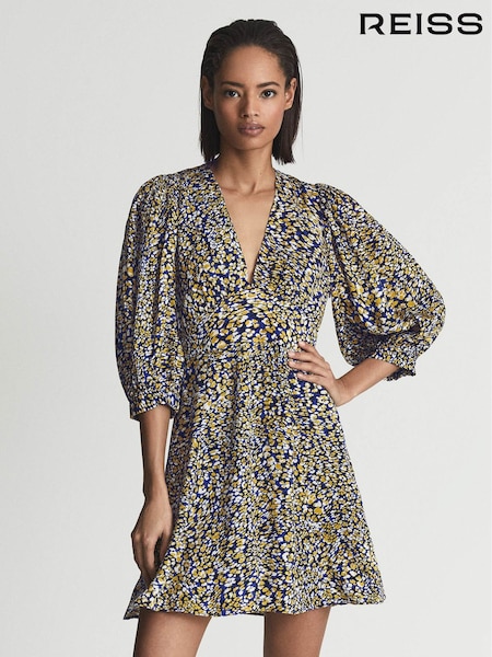 Azul - Reiss Daisy Puff Sleeve Print Mini Dress (T74427) | R$ 1.560