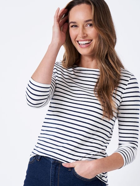 Crew Clothing Company White 100% Cotton Essential Breton Stripe Top (T74628) | kr414