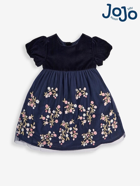 JoJo Maman Bébé Navy Blue Floral Embroidered Tulle Party Dress (T75686) | €62 - €81