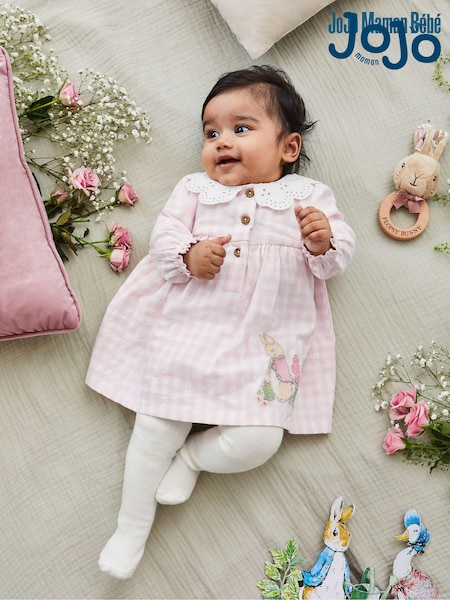 JoJo Maman Bébé Pink Peter Rabbit Gingham Appliqué Dress & Tights Set (T75688) | €54