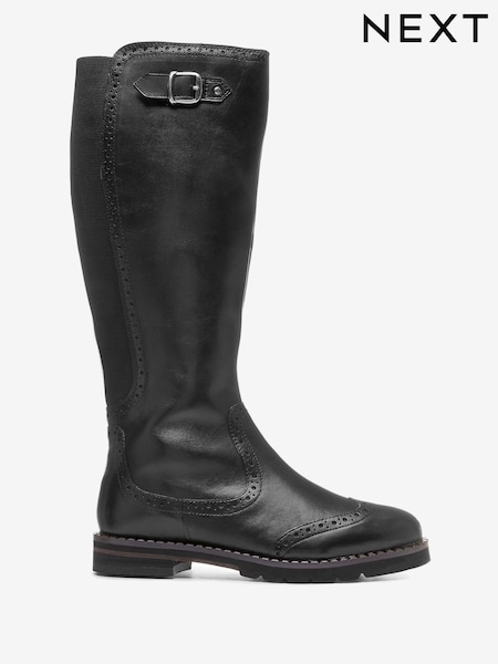 Black Extra Wide Fit Forever Comfort® Leather Brogue Detail Knee High Boots (T77177) | €9