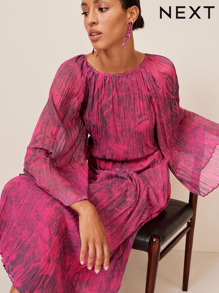 Bright Pink Floral Long Flared Sleeve Pleated Midi Dress (T79998) | € 40