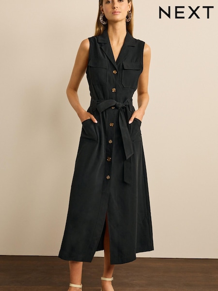 Schwarz - Sleeveless Belted Button Down Dress (T80131) | 17 €