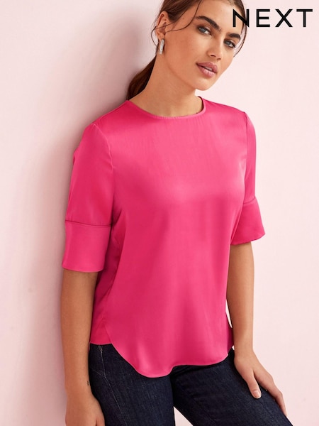 Bright Pink Curved Hem Satin Formal T-Shirt Top (T81764) | €18