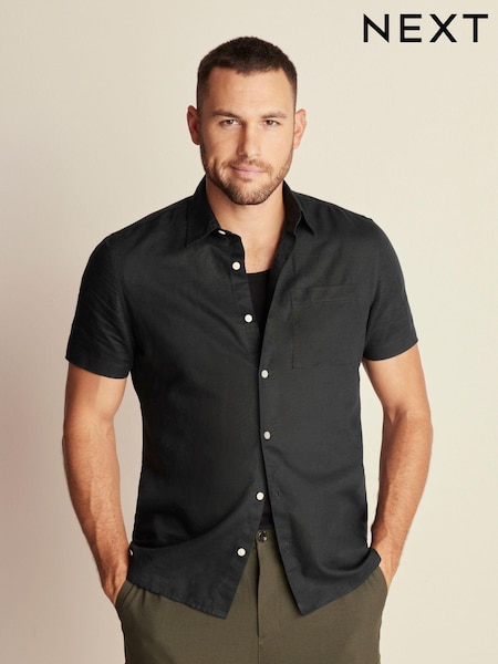 Black Standard Collar Linen Blend Short Sleeve Shirt (T83001) | €6