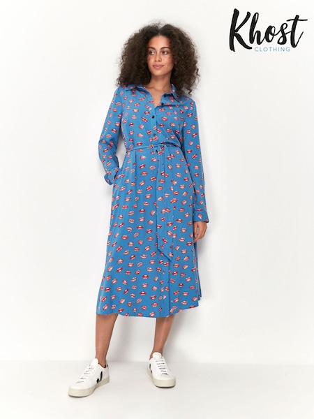 Khost Clothing Blue Lips Print Midi Shirt Dress (T83203) | €25