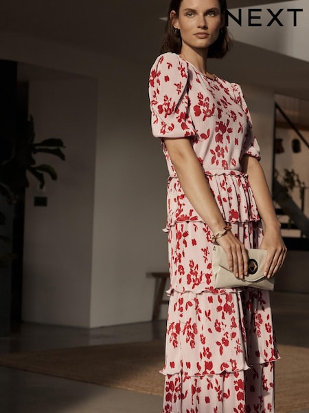 Ecru White Floral Plissé Tiered Short Sleeve Midi Dress (T83804) | €32