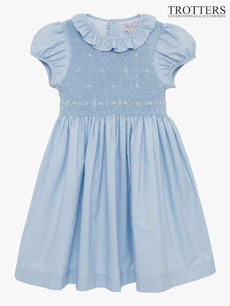 Trotters London Blue Willow Rose Hand Smocked 100% Cotton Dress (T84141) | 386 QAR - 465 QAR