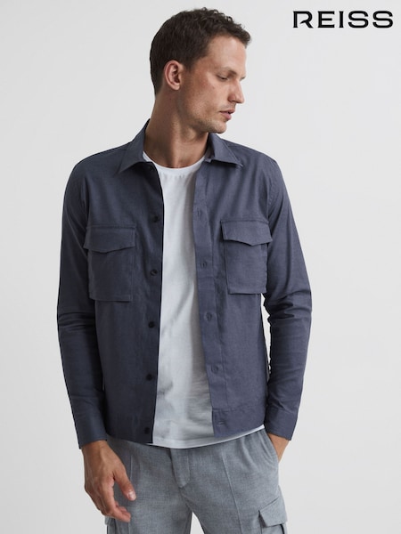 Reiss Airforce Blue Kimchi Linen Blend Twin Pocket Overshirt (T84672) | 867 QAR