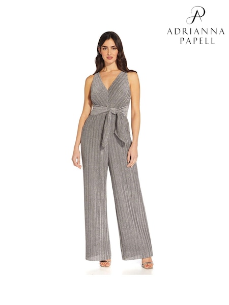 Adrianna Papell Silver Metallic Pleat Jumpsuit (T89369) | €95