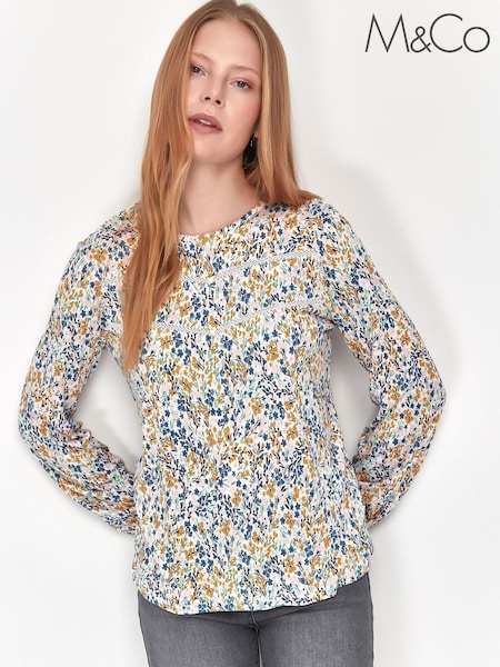 M&Co Cream Floral Crinkle Long Sleeve Top (T89615) | 12 €